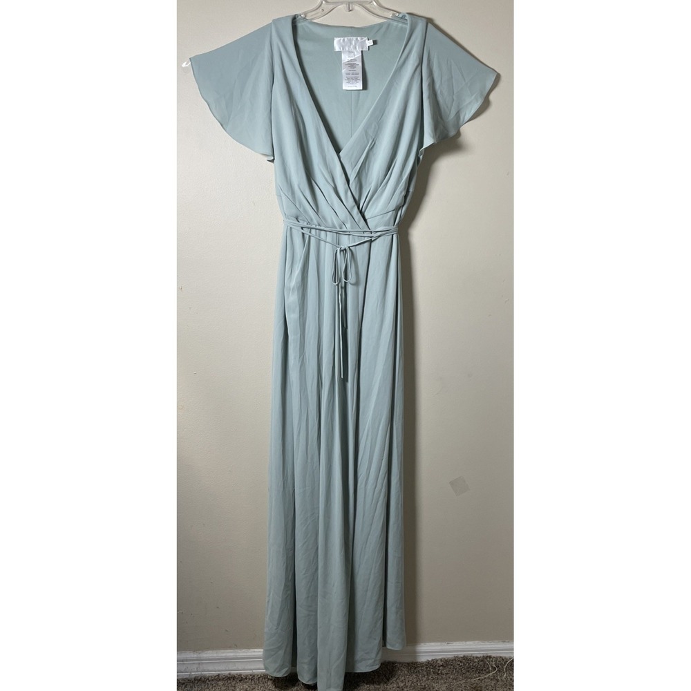 David's Bridal Sage Green Flutter Sleeve Wrap Around Formal Maxi Gown NWT 16